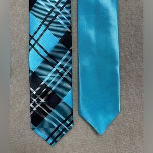 Pair of 1” skinny ties- Teal solid and plaid